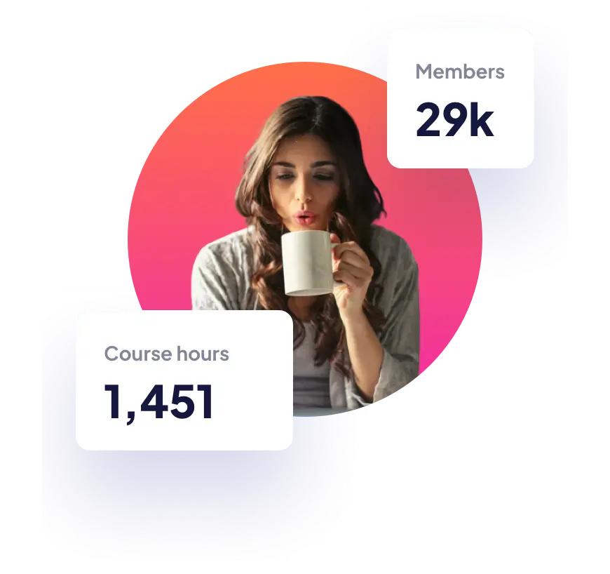 A dark-haired woman holding a cup and blowing at it on a pink background with two info bubbles displaying 
                amount of members at 29k and 1,451 course hours